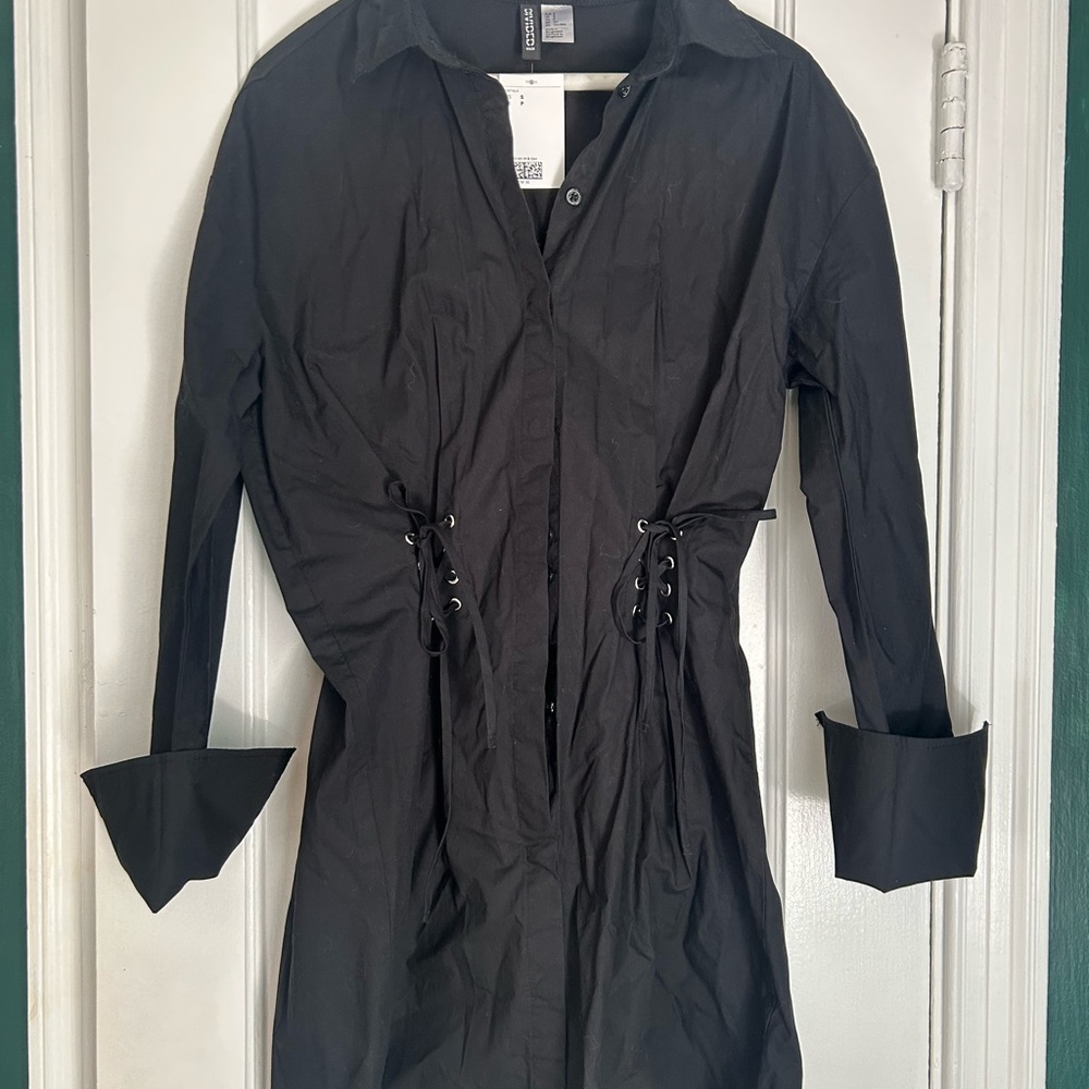 Black Lace-Up Shirt Dress